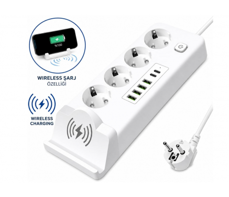 Wirelles Şarj 3000W Yüksek Güçlü Akım Korumalı Priz - 4 Soket + Hızlı Şarj USB ve Type-C Girişli 