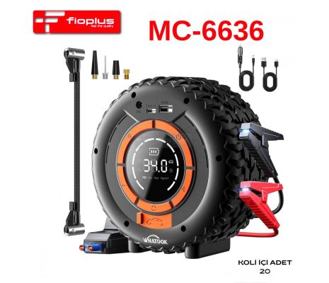 FİOPLUS MC-6636 Özel Taşıma Çantalı Tekerlek Tasarımlı Akü Takviye Cihazı & Dijital Hava Pompası Kompresör