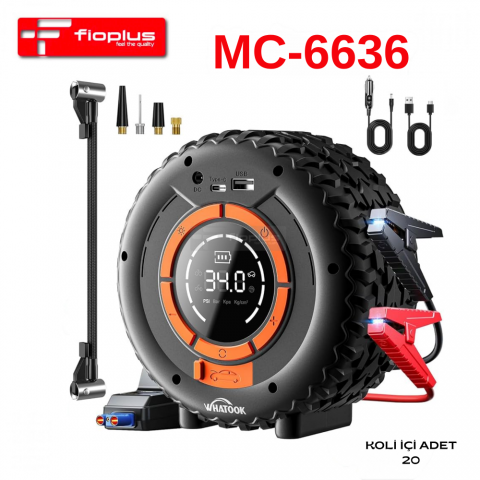 FİOPLUS MC-6636 Özel Taşıma Çantalı Tekerlek Tasarımlı Akü Takviye Cihazı & Dijital Hava Pompası Kompresör