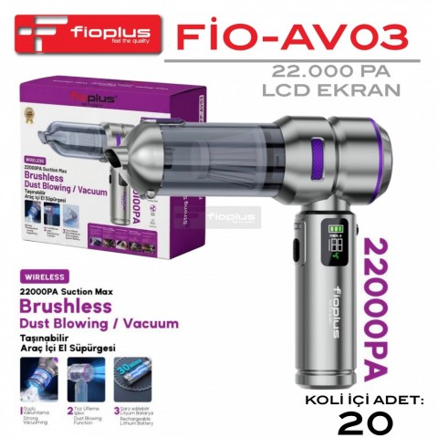 Fioplus FİO-AV03 22.000 PA LCD Ekranlı Fırçasız Motorlu Şarjlı Taşınabilir Araç İçi El Süpürgesi & Toz Üfleme Makinesi Fioplus FİO-AV03 22.000 PA LCD Ekranlı Fırçasız Motorlu Şarjlı Taşınabilir Araç İçi El Süpürgesi & Toz Üfleme Makinesi