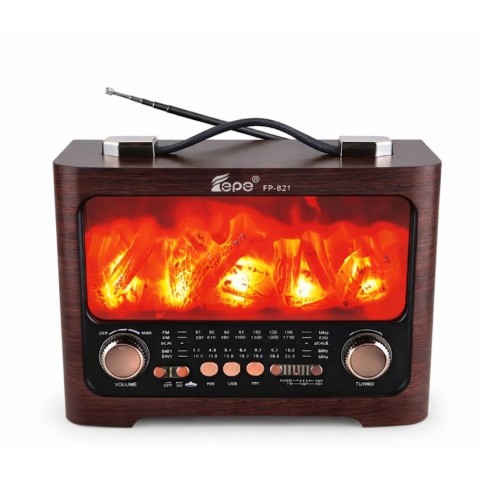 Nostalji Retro Radyo Bluetooth Hoparlör FP-821 | Şömine Alev Işıklı, FM-AM Radyo, USB-T