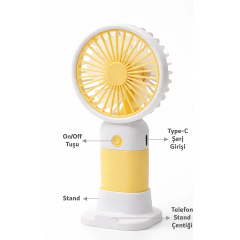 Standlı ve Şarjlı El Fanı 3 Kademeli Taşınabilir El/Masaüstü Mini Vantilatör Sarı Standlı ve Şarjlı El Fanı 3 Kademeli Taşınabilir El/Masaüstü Mini Vantilatör Sarı